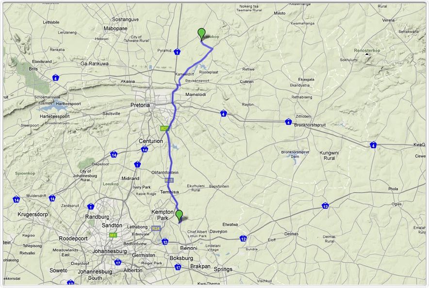 Parcours du 6 oct. 2009 Prétoria - Johannesburg